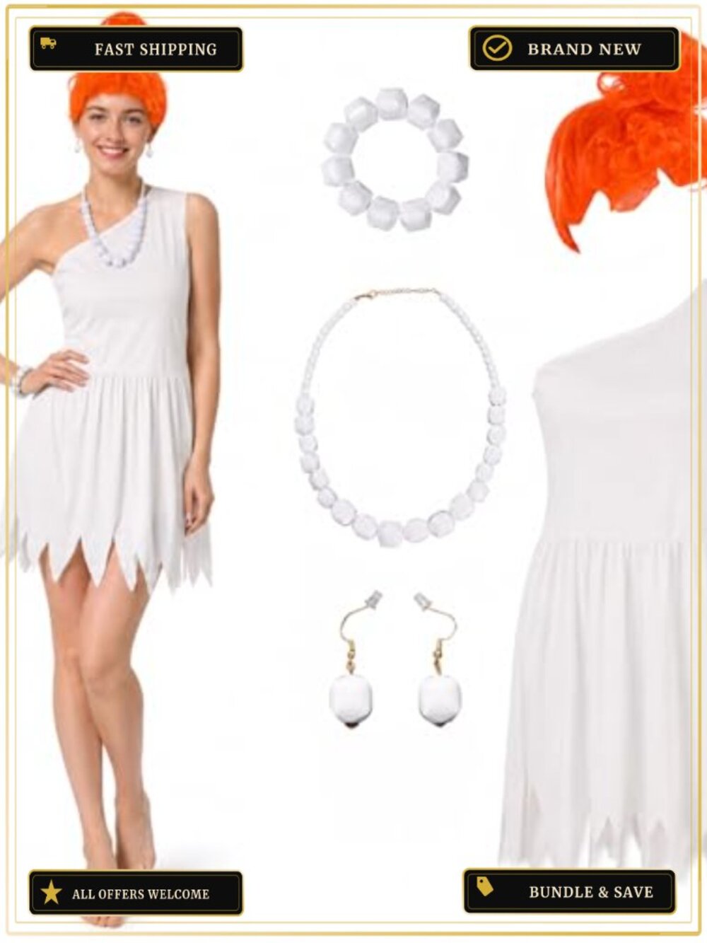 5PC Halloween Caveman Costume One Shoulder Dress Wig Necklace Cosplay